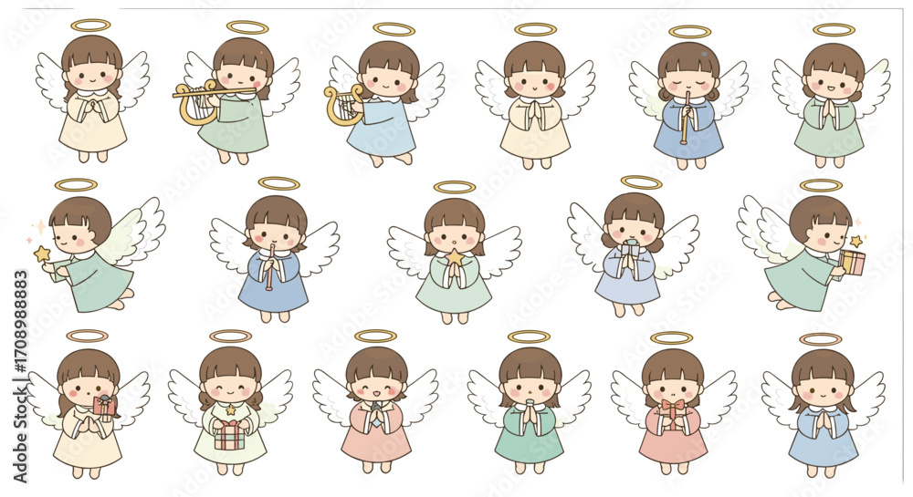 Fototapeta premium Collection of cute cartoon angels with halos and wings in various poses