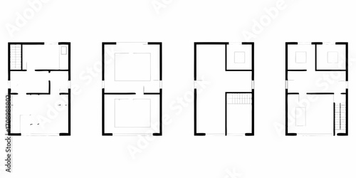 Four different simplified architectural floor plan elevations showing interior layouts and staircases