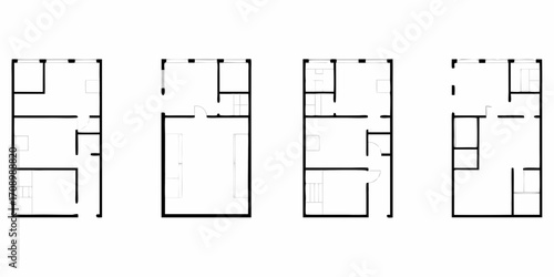 Four simplified black and white floor plan layouts of residential homes with rooms and doors
