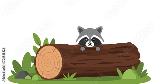 Cute raccoon peeking over a log with leaves and rocks