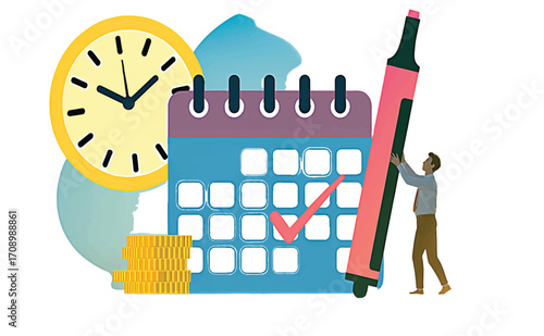 Time management and planning with a calendar, clock, coins, and a person with a marker, symbolizing productivity and financial organization for business success