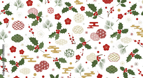 Pattern of holly leaves, berries, and japanese floral and cloud motifs