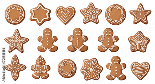 A collection of gingerbread cookies in various shapes and decorations