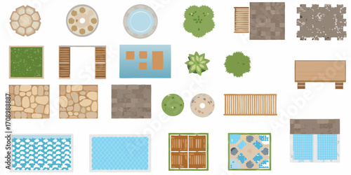 Collection of top down garden and landscape design elements for architectural visualization and planning