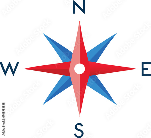 A compass rose featuring red and blue colors, symbolizing north, south, east, and west directions.