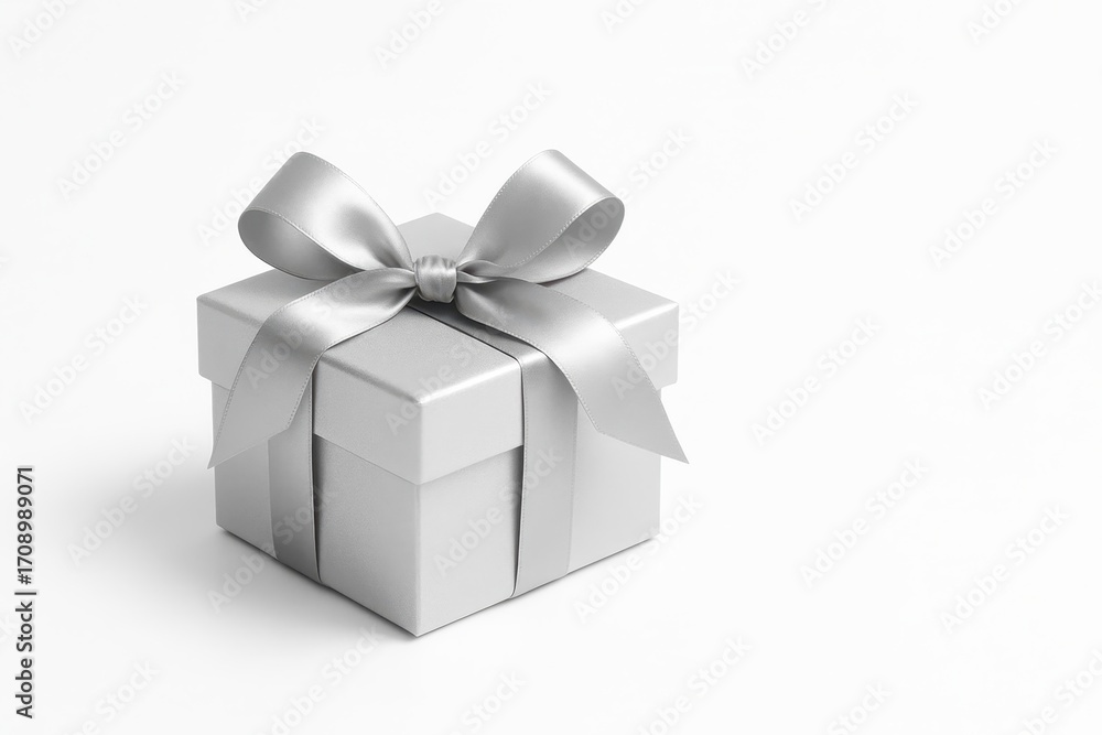 Obraz premium Shimmering silver gift box with lush satin bow isolated on pristine white background elegant product mockup with soft shadow premium holiday present vibe