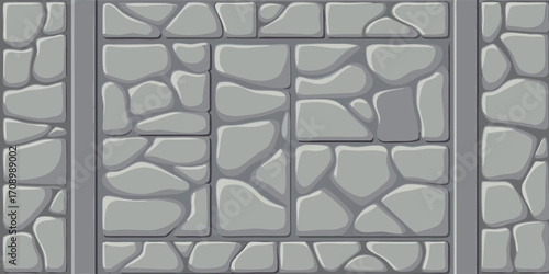 Seamless pattern of a textured gray stone wall with vertical pillars and irregularly shaped blocks