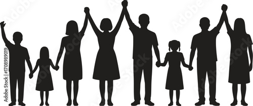 Happy Family Silhouette Vector Holding Hands Together Isolated on White
