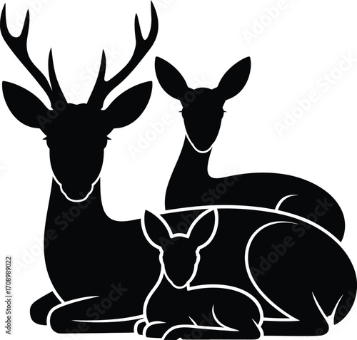 Deer Family Silhouette Vector with Resting Stag Doe and Fawn Isolated on White