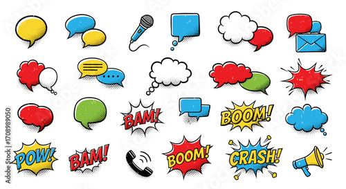 Collection of colorful comic speech bubbles and sound effects elements