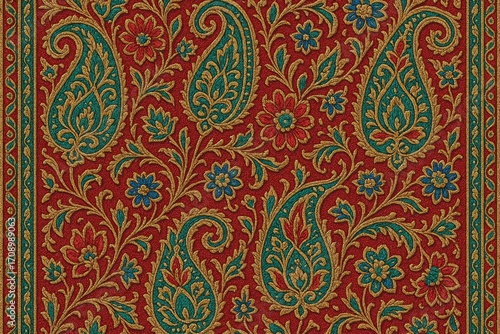 Seamless paisley floral tapestry inspired by Kashmiri embroidered shawls with rich jewel tones gold thread effects and ornamental border accents