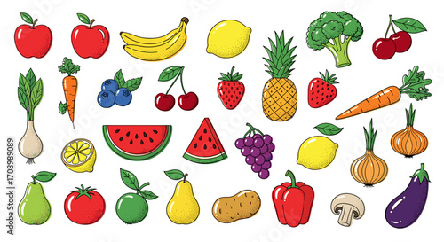 An assortment of colorful fruits and vegetables in a cartoon style art