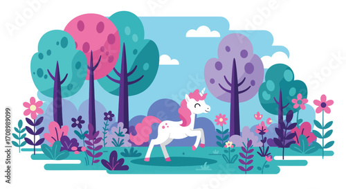 Whimsical unicorn prancing in a colorful stylized forest