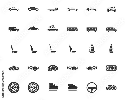Automotive Industry Icons solid glyph Vector Collection. Car, Automobile, Sedan, Seats, Dashboards Car, Instrument Panels, Electric Vehicle
