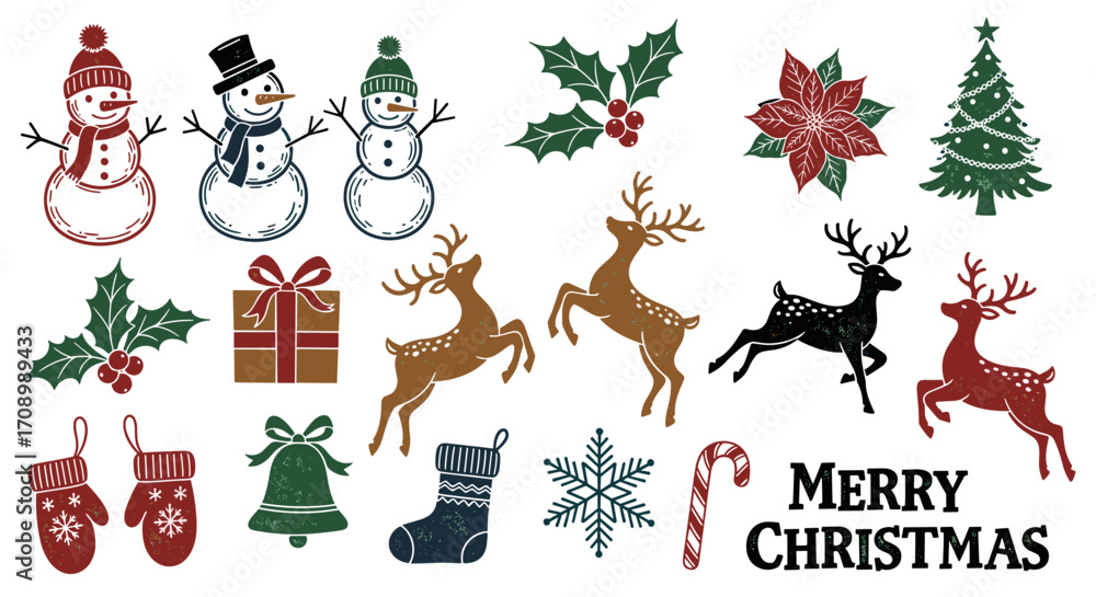 Fototapeta premium Illustration of christmas themed icons including snowmen and reindeer
