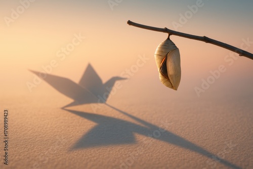 Chrysalis of change unveiling an origami bird shadow soaring at sunrise symbolizing ambition resilience growth and the fearless reinvention of self