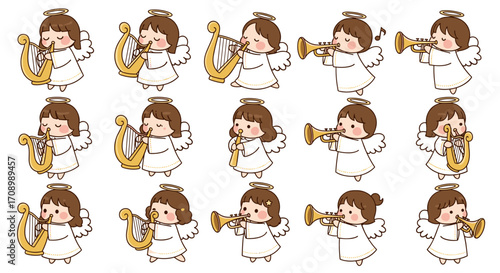 Cartoon angels playing musical instruments in a repeating pattern art