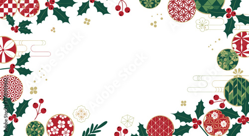 Ornamental christmas frame with holly berries and decorative baubles