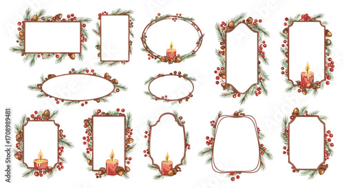 Collection of christmas frames with candles and berry decorations set
