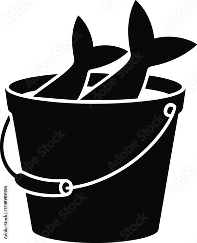 Black Silhouette Vector of Fish in Bucket Icon Isolated on White
