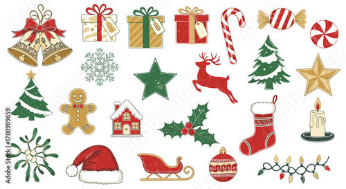 Illustration of christmas themed objects including gifts and ornaments