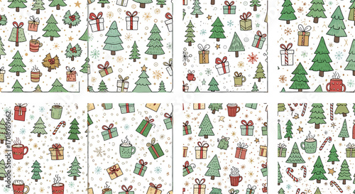 Seamless christmas pattern with trees gifts and hot drinks on white background