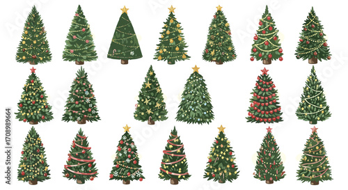 Collection of christmas trees decorated with ornaments and star toppers