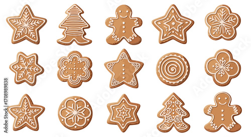 Collection of fifteen gingerbread cookies with white icing decorations