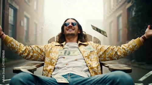 Man Sits in Chair with Arms Raised as Money Falls in Misty Street