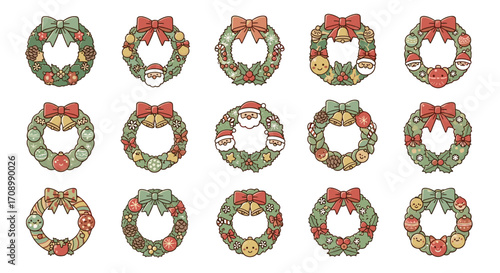 Collection of fifteen christmas wreaths with various decorations shown here