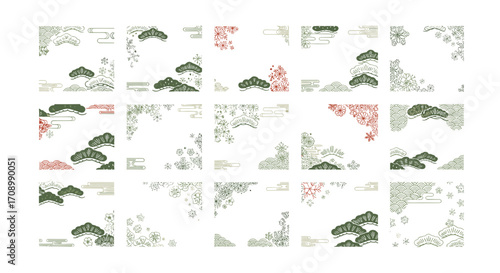 A collection of japanese corner designs with nature themed illustrations