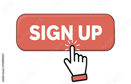 Vector illustration of a hand cursor clicking on a red sign up button, isolated on a white background for web design and user interface concepts