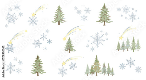 Watercolor christmas trees snowflakes and shooting stars on white background