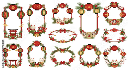 Collection of festive japanese themed frames with lanterns and ornaments