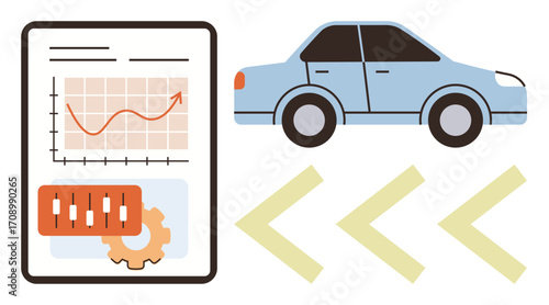 Graph with increasing trend, car illustration, control sliders, and arrows showing data flow. Ideal for automotive analytics, performance tracking, mobility, innovation, efficiency development
