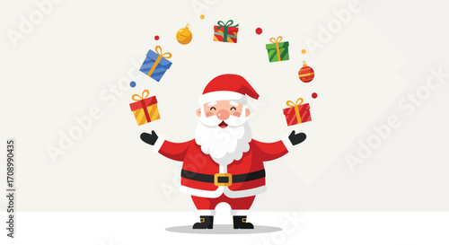 Cartoon Santa juggling gifts and ornaments