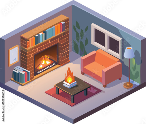 An artistic depiction of a living room with a fireplace, highlighting a welcoming atmosphere and stylish furnishings.