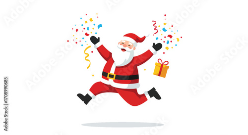 Santa Claus jumping with confetti and a gift