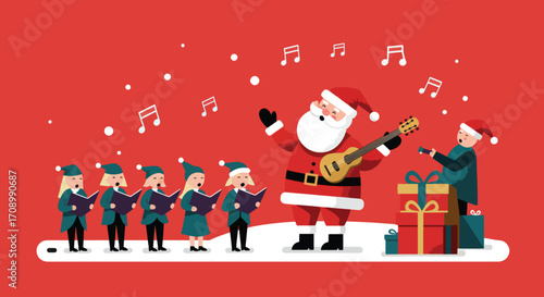 Santa and elves caroling and playing music on a snowy stage