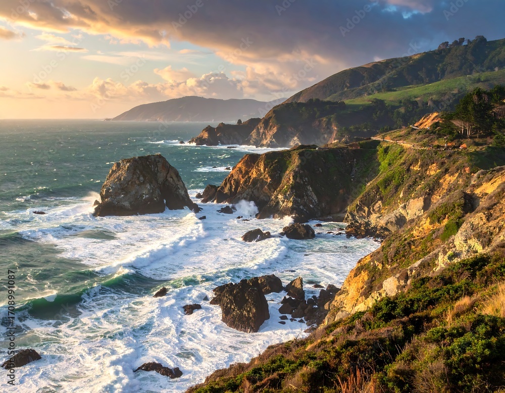 Obraz premium Coastal Cliffs at Sunset Dramatic Coastal Scenery