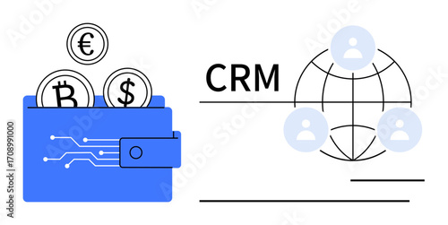 Blue digital wallet with cryptocurrency coins and CRM text beside a globe network with user icons. Ideal for finance, technology, blockchain, customer relationship, global communication, digital