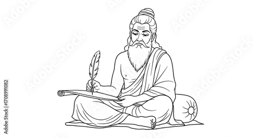 Sage Valmiki writing Ramayana with feather quill and scroll, coloring page