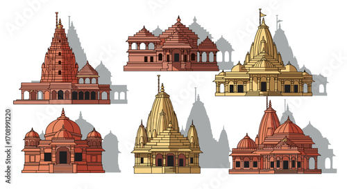 Collection of Indian Temples in Flat Vector Illustration Style