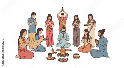 Family Performing Hindu Ritual with Fire and Offerings