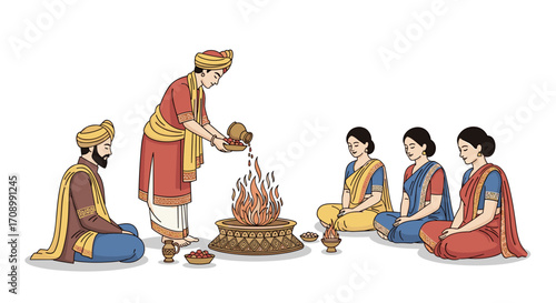 Indian Hindu Puja ceremony with fire and devotees