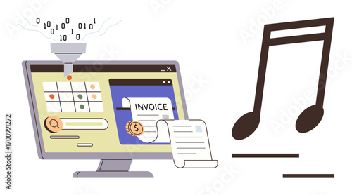 Computer screen showing data funnel into file processing and invoice creation. Music note represents creativity and innovation. Ideal for data systems, technology, creativity, innovation, automation