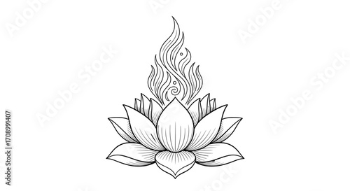 Sacred Lotus Flower with Mystical Fire Symbol - Line Art, coloring page