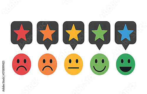 A collection of colorful feedback icons featuring rating stars inside speech bubbles with corresponding emoji faces representing customer satisfaction levels