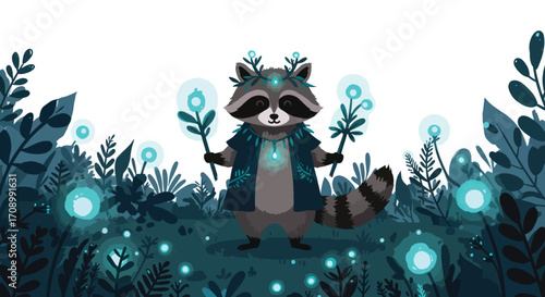 A cartoon raccoon wearing a crown and cloak in a magical forest