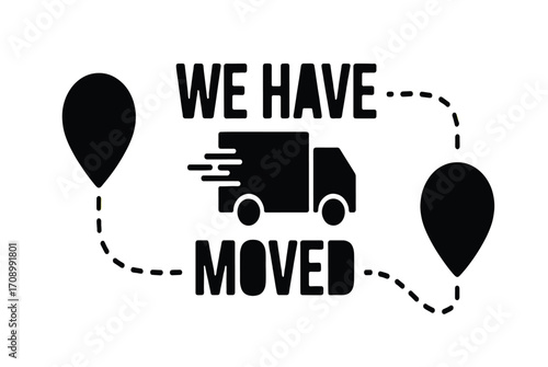 Relocation truck graphic with moving icons, symbolizing business transition and new beginnings
